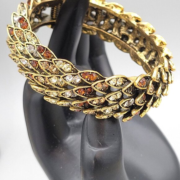 Rhinestone Feather Hinged Bangle Bracelet Clamper Tan White Gold Tone Metal - Picture 2 of 9